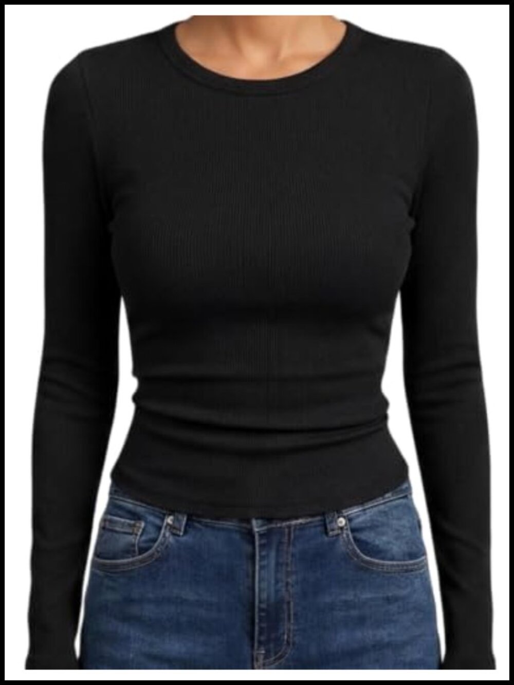 Ribbed Long Sleeve Crewneck Top - Soft Stretch Basic Work Tee